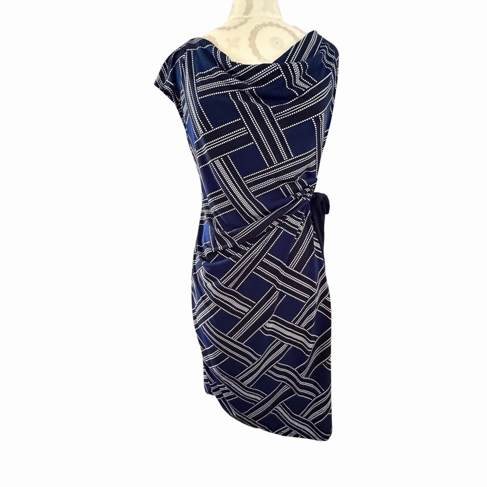 Motherhood Maternity Dress M White  Navy Geometric Cowl Neck Faux Wrap Stretch